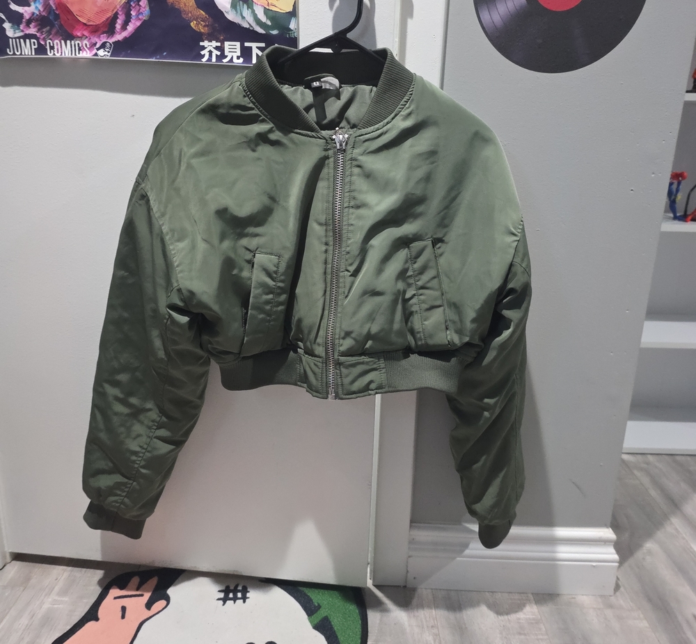 Olive Cropped Bomber Jacket - Women's Lightweight Flight Jacket